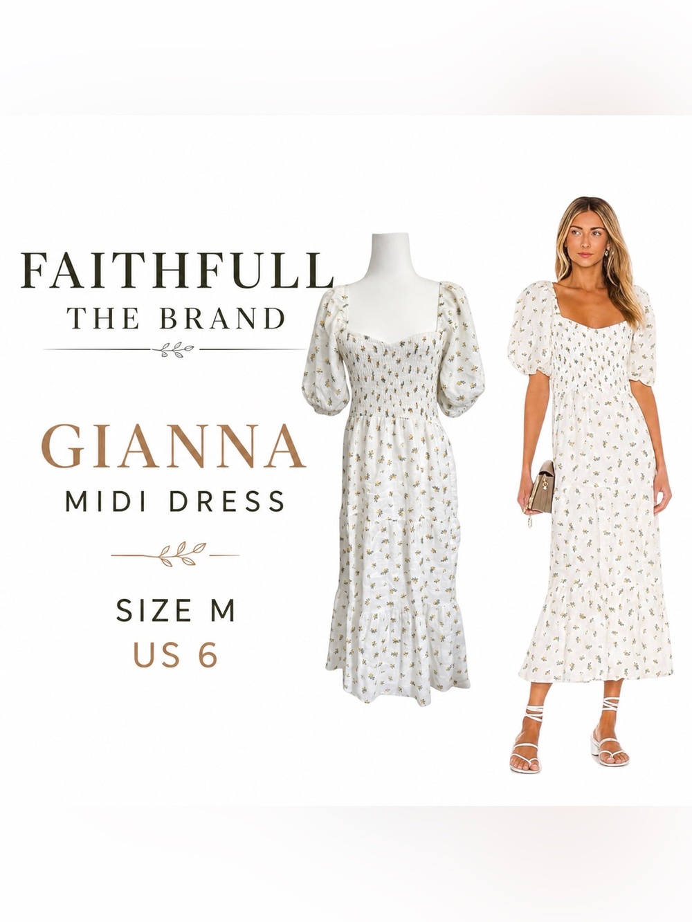 Faithfull The Brand Gianna Linen Dress Carrie Floral Puff Sleeve Milkmaid M US 6
